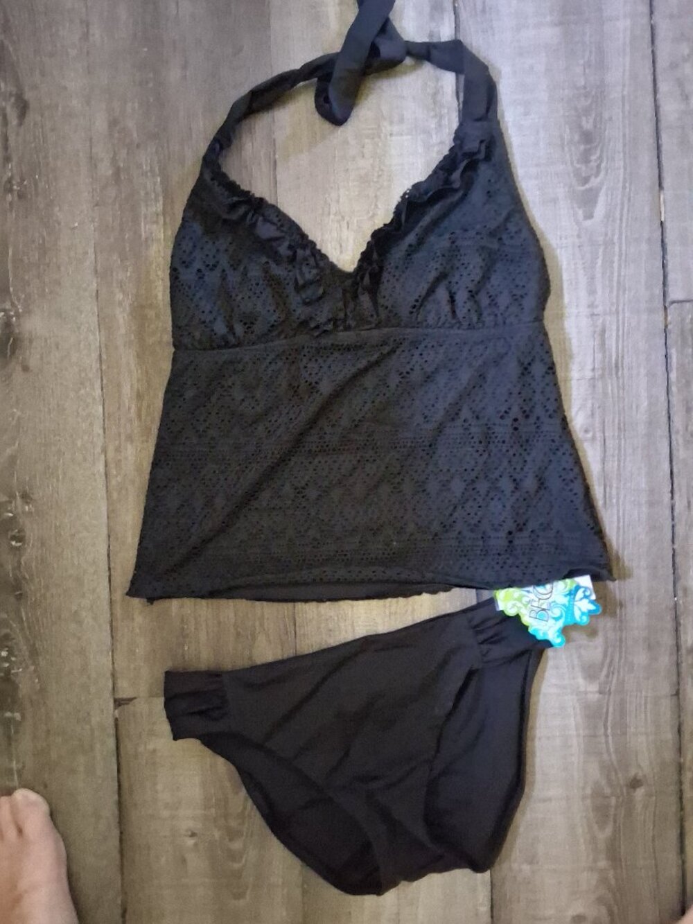 BECCA D Cup Medium Tankini  Black Swimsuit 2 Piece Crochet Ruffle Overlay